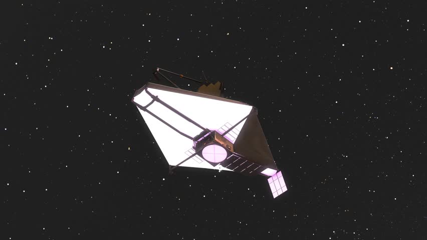 James Webb Space Telescope JWST Camera Moving Upwards to Reveal Milky Way Galaxy Stars Background - 3D CGI Animation 4K Royalty-Free Stock Footage #1100086763
