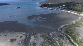 Aerial footage of the tidal event occurring on the Aegean Sea coast of Izmir after the great earthquake in Turkey and the 100-meter withdrawal of sea waters.