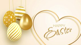 Happy Easter greeting in the shape of a heart. Golden Easter eggs with a pattern on a yellow background with shiny particles. Video motion graphic animation.