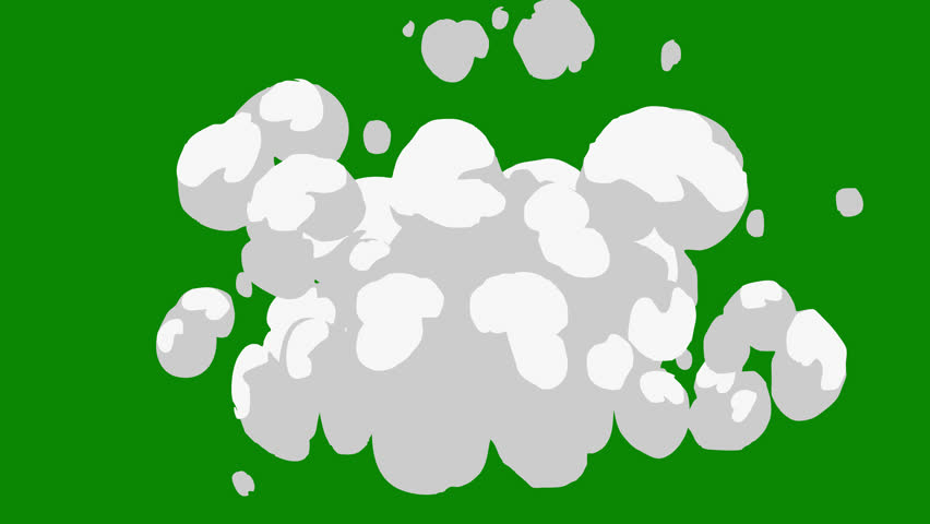 Cartoon smoke explosion on a green screen. Cartoon Smoke transition animation with key color. Chroma key, 4K video