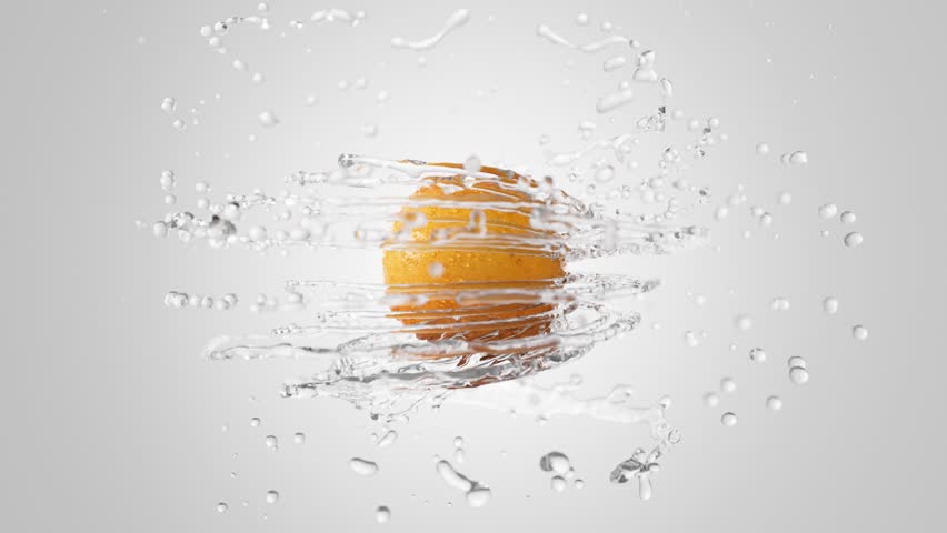 Fresh Orange rotating on light background with splashing transparent liquid flying from fruit. Nice water coming around nice fruit in slow motion. 3D render liquid simulation. 