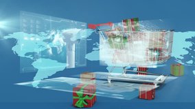 Animation of data processing over shopping cart with presents. global retail, finances and digital interface concept digitally generated video. - Powered by Shutterstock - Get 15% off with code: PIKWIZARD15