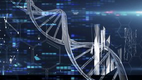 Animation of dna strand, data processing and light trails over moving columns on black background. global technology, data processing and digital interface concept digitally generated video. - Powered by Shutterstock - Get 15% off with code: PIKWIZARD15