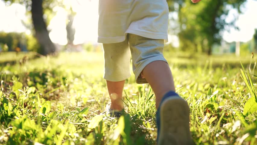 Boy run in the forest park. close-up child legs run on the park green grass in the park. happy family childhood dream concept. a child in sneakers run on the grass in a lifestyle park | Shutterstock HD Video #1100102867