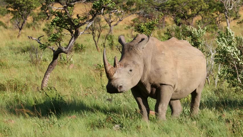An endangered white rhinoceros (Ceratotherium simum) feeding in natural habitat, South Africa Royalty-Free Stock Footage #1100104359