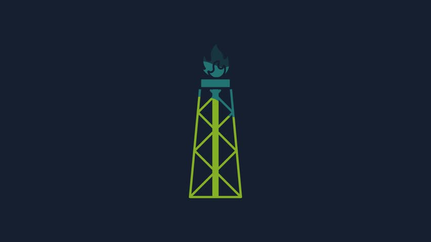 Yellow Oil rig with fire icon isolated on blue background. Gas tower. Industrial object. 4K Video motion graphic animation.