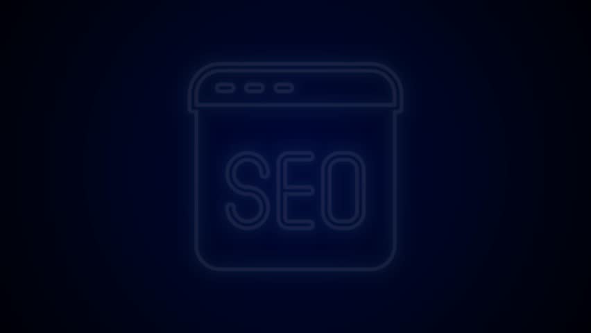 Glowing neon line SEO optimization icon isolated on black background. 4K Video motion graphic animation.