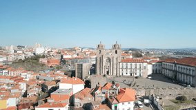 Aerial footage of Sé do Porto (Cathedral) at Porto, Portugal