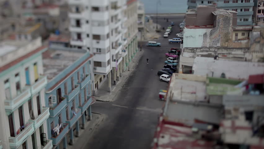 Tilt and shift video looking down onto the street in havana, cuba