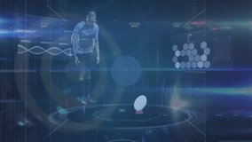 Animation of network of connections and data processing over rugby player. Global sports, networks and data processing concept digitally generated video.
