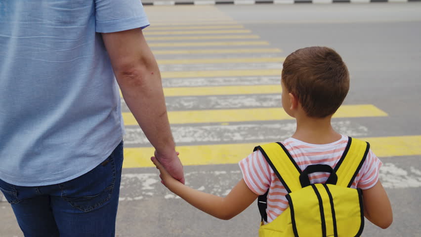 father leads little boy son across road. parent teaches boy follow rules road safety. zebra stripes road. boy child son holding his father hand observing safety rules road. kid with school backpack. Royalty-Free Stock Footage #1100120897