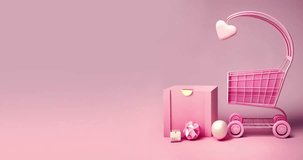 Pink supermarket basket with children's toys and gifts on a pink background. Shopping, sale, discount concept. 4k animation loop