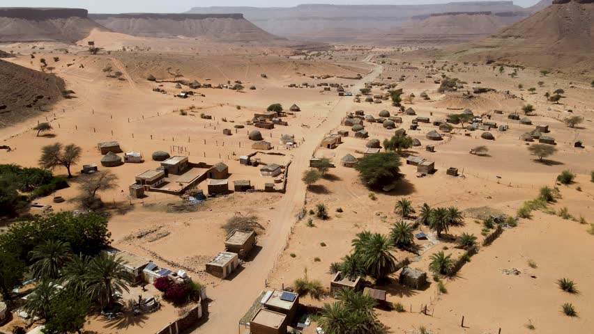 Thatch Huts in Terjit Oasis Village in Mauritania, Africa - Aerial Drone Royalty-Free Stock Footage #1100123791