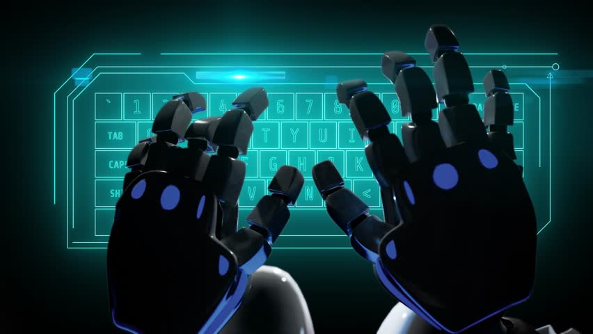 robot hands typing virtual hud keyboard in neon style. A.i. chat bot help and care about customer service Royalty-Free Stock Footage #1100127895