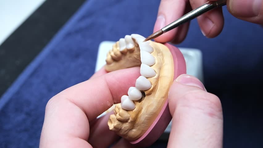 Dental technician or dentist working with tooth dentures model in his laboratory. Prosthetic dentistry technician working in his office. High quality close up FHD slow motion footage Royalty-Free Stock Footage #1100128329