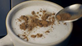 Cappuccino And Cinnamon Сardamom Coffee Shop.Coffee Macchiato On Breakfast .Milk Foam Cappuccino Latte Cafe Bar.Pours Cinnamon And Cardamom In Coffee Shop Cappuccino And Stirring Sugar Froth Milk Foam - Powered by Shutterstock - Get 15% off with code: PIKWIZARD15