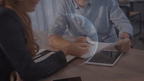 Animation of financial data processing and globe over man and woman checking documents. Global finance, business and data processing concept digitally generated video.