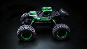 light green off-road toy car turns with big tires art creative rendering animated photo video