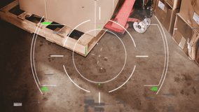 Animation of scopes scanning, glitch and data processing over warehouse. Global shipping, business, finance, computing and data processing concept digitally generated video. - Powered by Shutterstock - Get 15% off with code: PIKWIZARD15