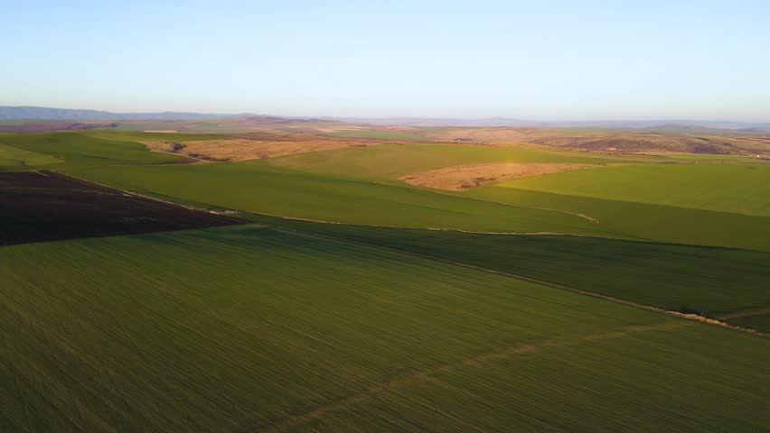 Aerial Sunset view of Rural land near Trakia (A1) motorway, Burgas Region, Bulgaria