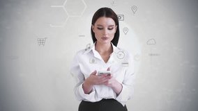 The concept of human existence in the information world. Computer graphics and double exposure. businesswoman with a smartphone in a stream of numbers, graphs and charts on a honeycomb grid. - Powered by Shutterstock - Get 15% off with code: PIKWIZARD15