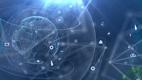 Computer graphics on a blue background the globe rotates inside a polygonal network and icons with symbols of technical progress move from bottom to top. - Powered by Shutterstock - Get 15% off with code: PIKWIZARD15