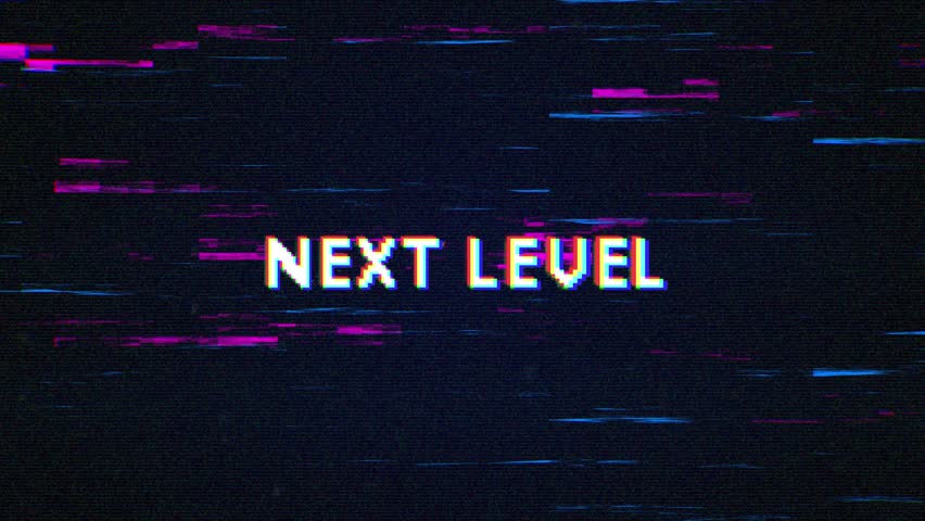 NEXT LEVEL text with glitch background concept for video games screen. NEXT LEVEL Retro text effects with glitch background. 3D Illustration Royalty-Free Stock Footage #1100144021