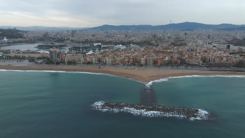 Barcelona central beach aerial view Sant Miquel Sebastian plage Barceloneta district catalonia. Aerial view of the Barcelona beach.
