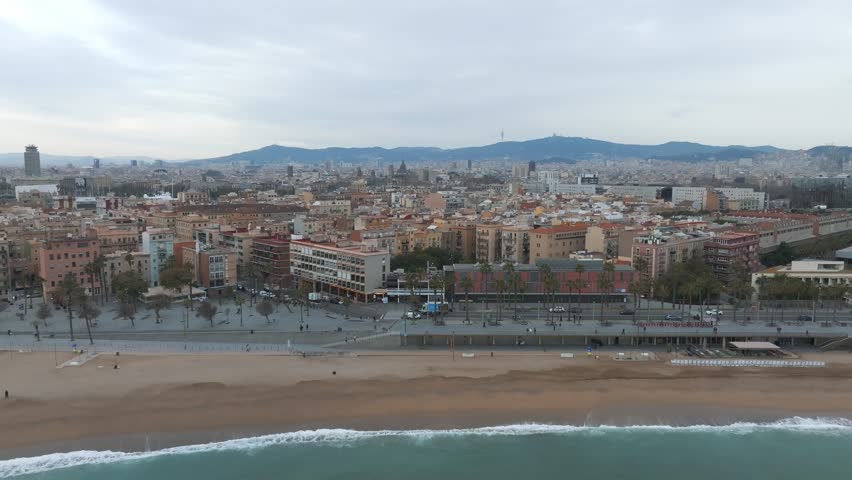 Barcelona central beach aerial view Sant Miquel Sebastian plage Barceloneta district catalonia. Aerial view of the Barcelona beach.
