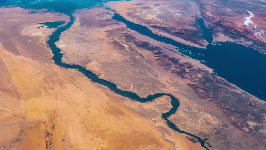 Aerial view of Nile River, Red Sea and Mediterranean Sea. Egypt, Saudi Arabia, Israel and Jordan as seen from space. Satellite view. Elements of this video furnished by NASA. | Shutterstock HD Video #1100146187