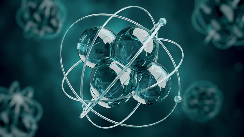 3D animation and rendering atom moving around molecule on blue background.Science digital simulation conceptual.