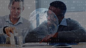 Animation of financial data processing and globe with binary coding over businessmen talking. Global finance, business and data processing concept digitally generated video. - Powered by Shutterstock - Get 15% off with code: PIKWIZARD15