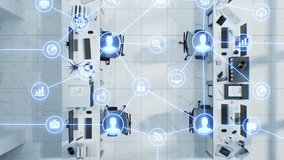 Digital Network Growing Over the Corporate Working Office with Remote Workers and Computers Top Down View 3d Animation. Connected Internet Icons Social Network Hologram. Business Technology Concept.  - Powered by Shutterstock - Get 15% off with code: PIKWIZARD15