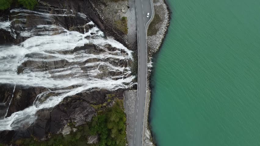 Furedalfossen waterfall by drone in Norway Europe