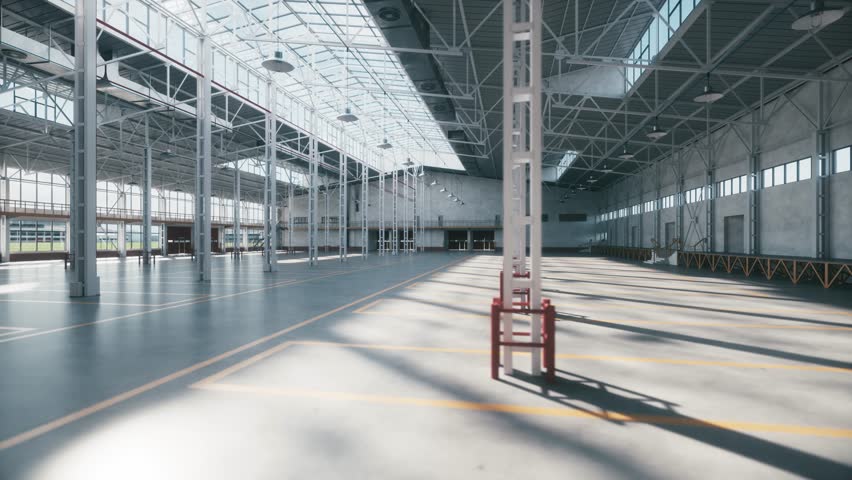 Time lapse construction of warehouse. Construction of a large warehouse for a factory. Empty industrial interior of warehouse. 3d animation