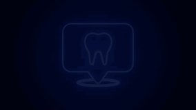 Glowing neon line Dental clinic location icon isolated on black background. 4K Video motion graphic animation.