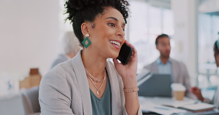 Phone call, smile or business woman in office for comic communication, networking or happy conversation. Employee, manager or female with smartphone for success, discussion or startup deal motivation Royalty-Free Stock Footage #1100155533