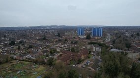 High Angle View of Luton Town and Residential District Located Near to Leagrave Railway Station, The Footage was Captured from Free Car Parking with Drone's Camera on 12-Feb-2023