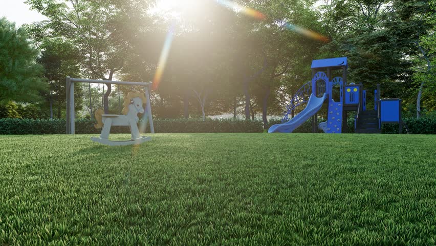 playground in the park, wooden rocking horse swing, camera dolly in	
