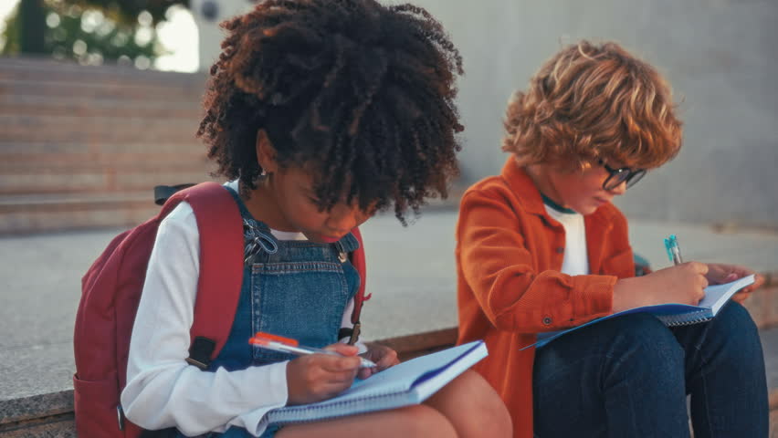 Charming smart schoolchildren doing their homework together while sitting on the stairs near the school. Back to school. African American girl with caucasian boy in glasses studying together. | Shutterstock HD Video #1100157591
