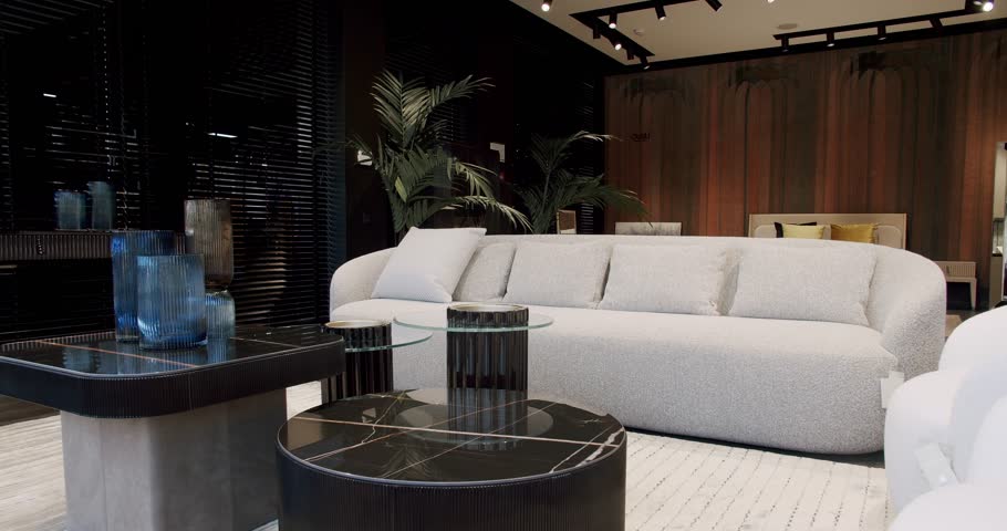 Luxury Modern House Interior With Corner Sofa, Chairs and Bookshelf. Fashionable furniture. Minimalist Home Interior. Cozy Modern Furniture Design. Luxury Elegant Room. Real Estate private home.
