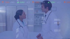 Animation of financial data processing over diverse doctors. Global medicine, finances and digital interface concept digitally generated video.