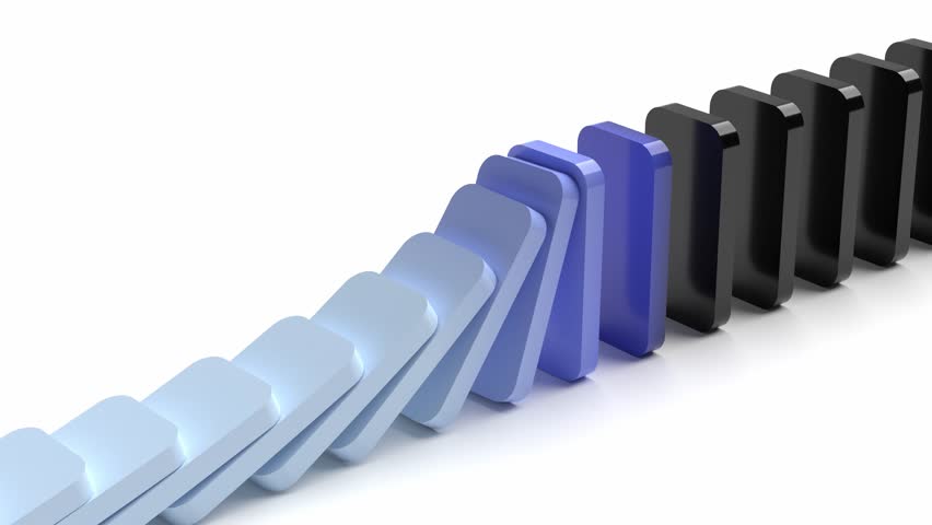 Domino effect 3d animation isolated on white, chain reaction of dominoes falling that can represent economy crash, stock market, global recession or bankruptcy | Shutterstock HD Video #1100165057