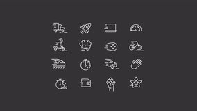 Animated moving white line icons set. Sport and active lifestyle. Means of transportation. Seamless loop HD video with alpha channel on transparent background. Motion graphic design for night mode