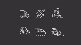 Animated vehicle white line icon set. Commuting. Public and personal transportation. Vehicles. Seamless loop HD video with alpha channel on transparent background. Motion graphic design for night mode