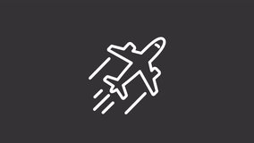 Animated plane white line icon. Commercial flight. Travelling. Landing and departure. Seamless loop HD video with alpha channel on transparent background. Motion graphic design for night mode