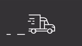 Animated truck white line icon. Delivery service. Transportation. Vehicle in motion. Seamless loop HD video with alpha channel on transparent background. Motion graphic design for night mode