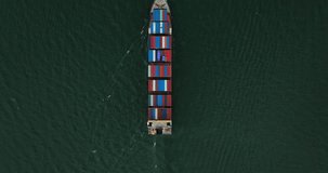 cargo container ship sailing in sea to import export goods and distributing product to dealer and consumers across worldwide, by container ship Transport business service.4k video drone point of view 