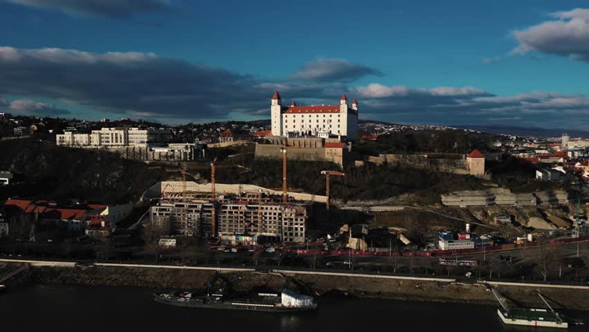 Historical landmark of Bratislava, Bratislava Castle on the hill, sunset, 4k