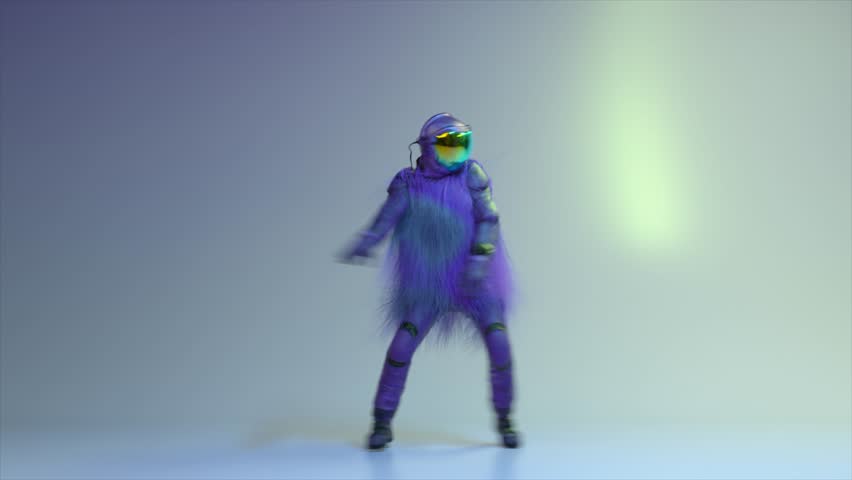 Abstract concept. An astronaut in a space suit and a fur hairy blue cape dances against a bright blue background.  | Shutterstock HD Video #1100178841